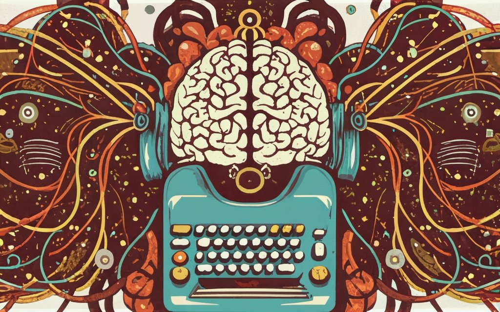 Alegoría generada con IA sobre cómo conseguir entrar en flow al escribir que representa un cerebro radiando ideas ante una máquina de escribir.
